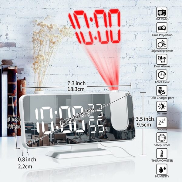ابعاد ساعت دیجیتال پروژکتوری آینه ای سفید رومیزی مدل EN8827A