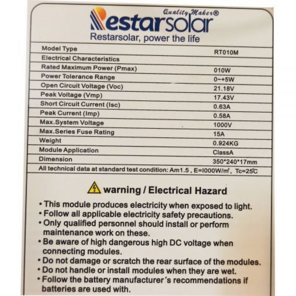 خرید پنل خورشیدی 10 وات رستارسولار مونوکریستال مدل RT010M
